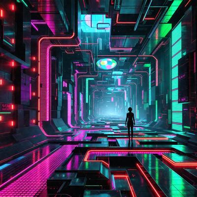 The primary subject of the image is a woman walking through a futuristic, neon-colored environment. The setting appears to be a large, open space with a variety of brightly colored walls and structures. The visual style of the image is a combination of digital art and illustration, creating a vibrant and dynamic atmosphere. The dominant colors in the scene are pink, green, and blue, which contribute to the overall mood of the image.